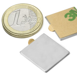 Q-20-20-01-STIC, Block magnet self-adhesive 20 x 20 x 1 mm, neodymium, N35, nickel-plated